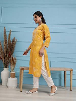 Hand Embroidered Mustard Cotton Lucknowi Chikankari Indian Women Kurta 3