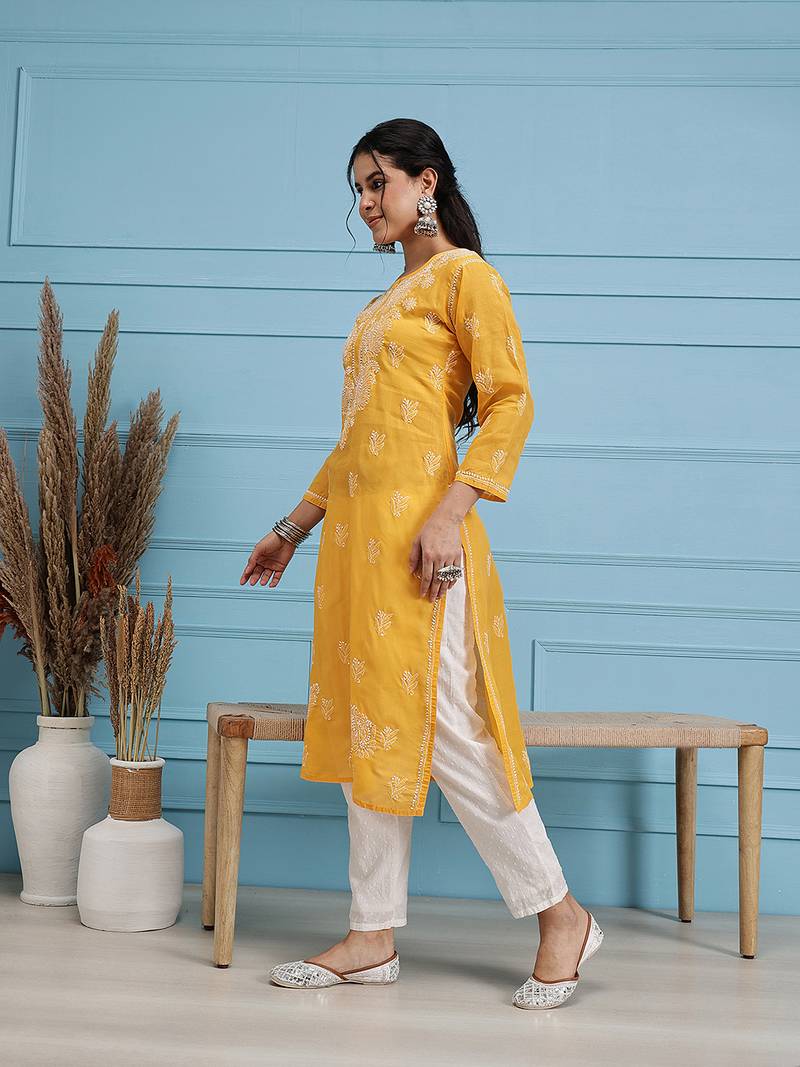 Hand Embroidered Mustard Cotton Lucknowi Chikankari Indian Women Kurta