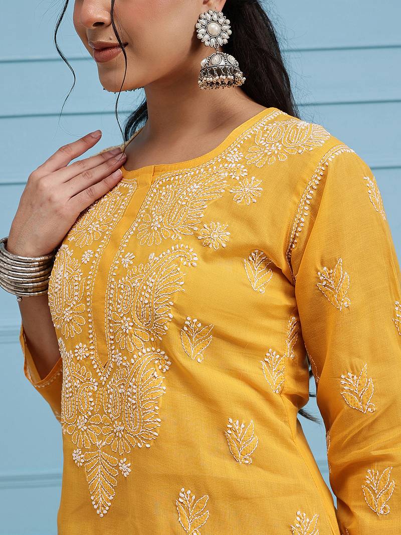 Hand Embroidered Mustard Cotton Lucknowi Chikankari Indian Women Kurta