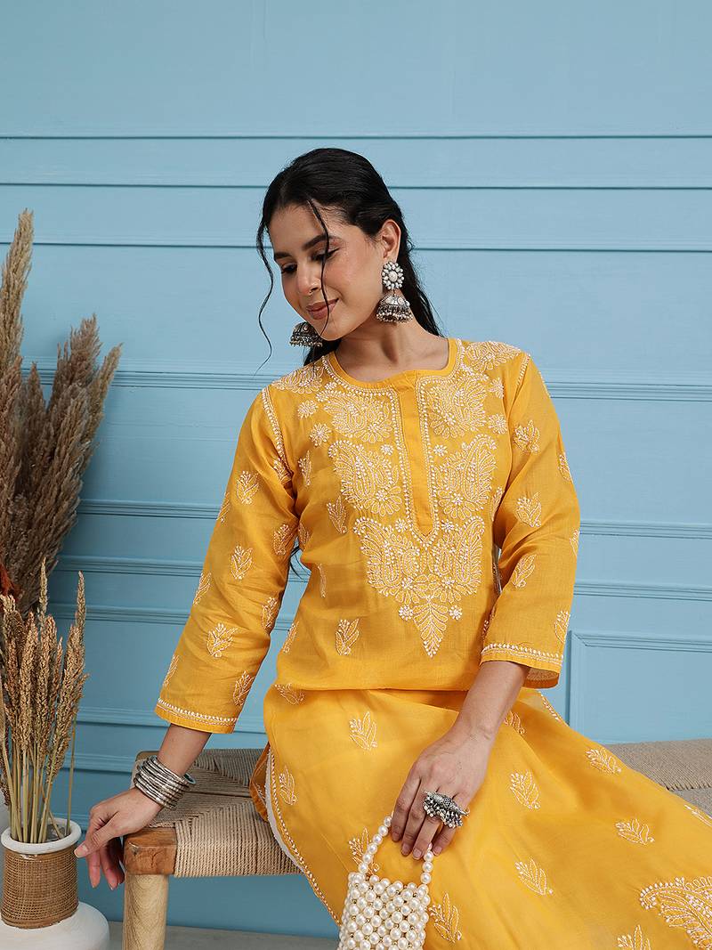 Hand Embroidered Mustard Cotton Lucknowi Chikankari Indian Women Kurta