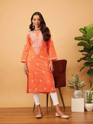 Hand Embroidered Rust Cotton Lucknow Chikankari Indian Women Kurta 1