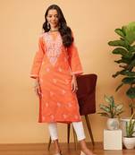 Hand Embroidered Rust Cotton Lucknow Chikankari Indian Women Kurta