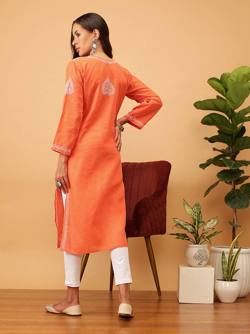 Hand Embroidered Rust Cotton Lucknow Chikankari Indian Women Kurta