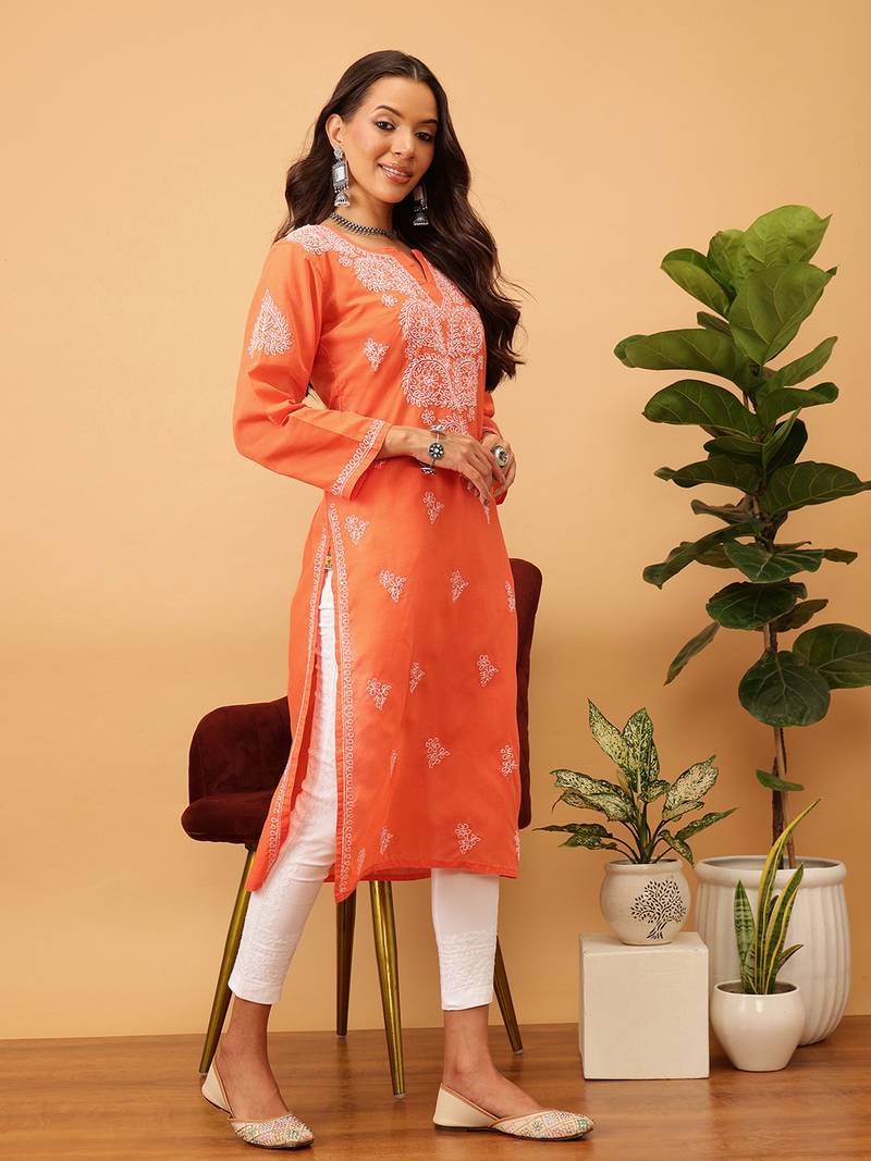 Hand Embroidered Rust Cotton Lucknow Chikankari Indian Women Kurta