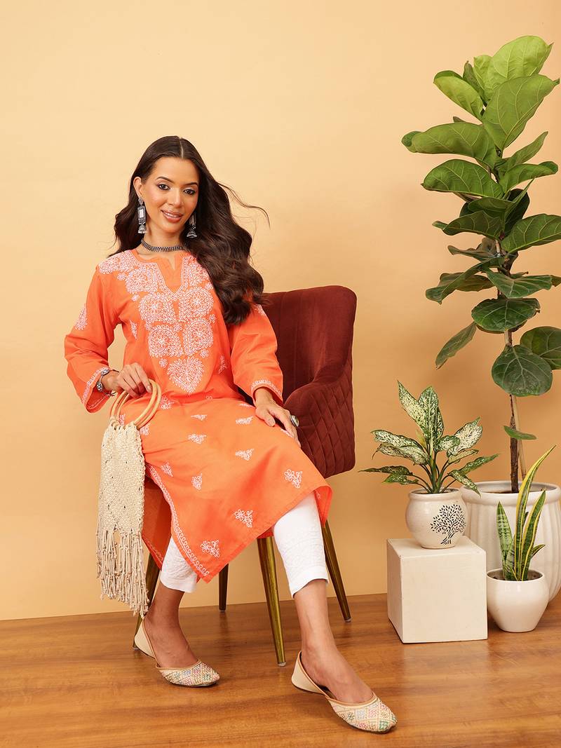 Hand Embroidered Rust Cotton Lucknow Chikankari Indian Women Kurta