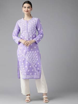 Hand Embroidered Mauve Cotton Lucknowi Chikankari Indian Women Kurta 1