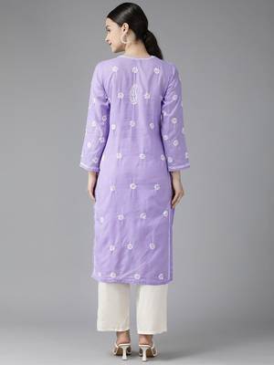 Hand Embroidered Mauve Cotton Lucknowi Chikankari Indian Women Kurta 2