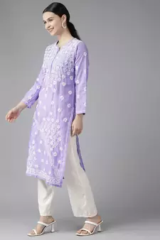 Hand Embroidered Mauve Cotton Lucknowi Chikankari Indian Women Kurta