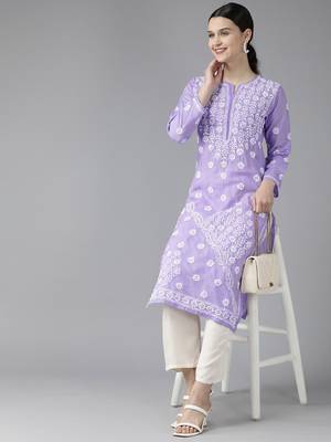 Hand Embroidered Mauve Cotton Lucknowi Chikankari Indian Women Kurta 4