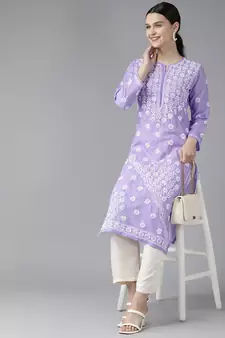 Hand Embroidered Mauve Cotton Lucknowi Chikankari Indian Women Kurta