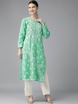 Ada Hand Embroidered Sea Green Cotton Lucknowi Chikankari Indian Women Kurta - A411417 1