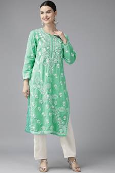Ada Hand Embroidered Sea Green Cotton Lucknowi Chikankari Indian Women Kurta - A411417
