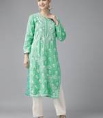 Ada Hand Embroidered Sea Green Cotton Lucknowi Chikankari Indian Women Kurta - A411417