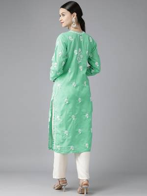 Ada Hand Embroidered Sea Green Cotton Lucknowi Chikankari Indian Women Kurta - A411417 2