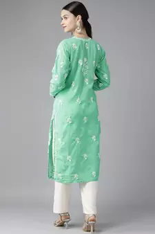 Ada Hand Embroidered Sea Green Cotton Lucknowi Chikankari Indian Women Kurta - A411417