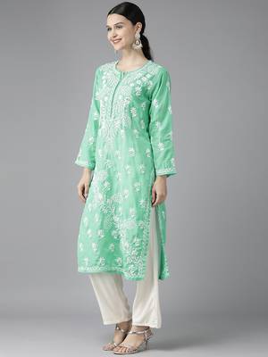 Ada Hand Embroidered Sea Green Cotton Lucknowi Chikankari Indian Women Kurta - A411417 3