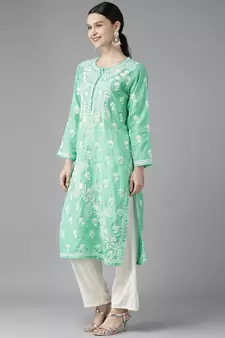 Ada Hand Embroidered Sea Green Cotton Lucknowi Chikankari Indian Women Kurta - A411417