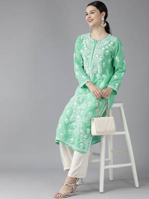 Ada Hand Embroidered Sea Green Cotton Lucknowi Chikankari Indian Women Kurta - A411417 4