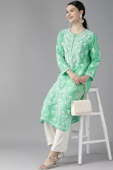 Ada Hand Embroidered Sea Green Cotton Lucknowi Chikankari Indian Women Kurta - A411417