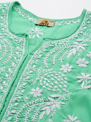 Ada Hand Embroidered Sea Green Cotton Lucknowi Chikankari Indian Women Kurta - A411417 5
