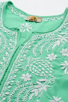 Ada Hand Embroidered Sea Green Cotton Lucknowi Chikankari Indian Women Kurta - A411417