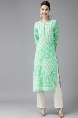 Hand Embroidered Sea Green Cotton Lucknowi Chikankari Indian Women Kurta 1