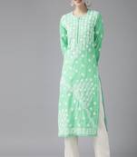 Hand Embroidered Sea Green Cotton Lucknowi Chikankari Indian Women Kurta