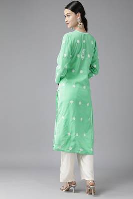 Hand Embroidered Sea Green Cotton Lucknowi Chikankari Indian Women Kurta 2