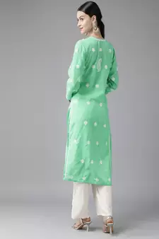 Hand Embroidered Sea Green Cotton Lucknowi Chikankari Indian Women Kurta