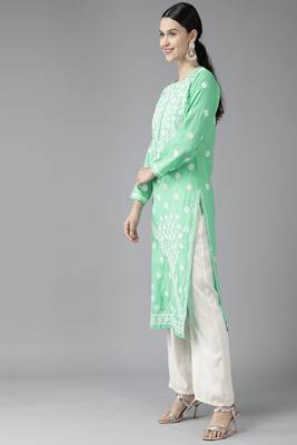Hand Embroidered Sea Green Cotton Lucknowi Chikankari Indian Women Kurta 3