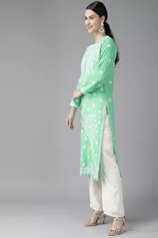 Hand Embroidered Sea Green Cotton Lucknowi Chikankari Indian Women Kurta