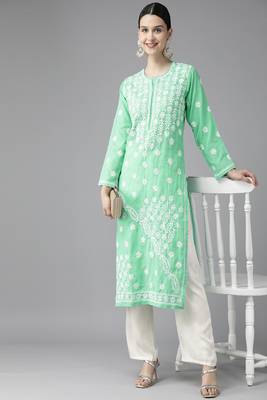 Hand Embroidered Sea Green Cotton Lucknowi Chikankari Indian Women Kurta 4