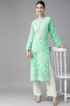 Hand Embroidered Sea Green Cotton Lucknowi Chikankari Indian Women Kurta