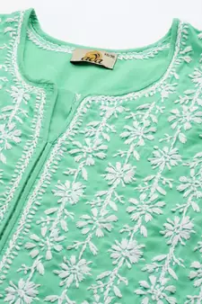 Hand Embroidered Sea Green Cotton Lucknowi Chikankari Indian Women Kurta