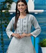 Hand Embroidered Grey Cotton Lucknowi Chikankari Indian Women Short Kurti