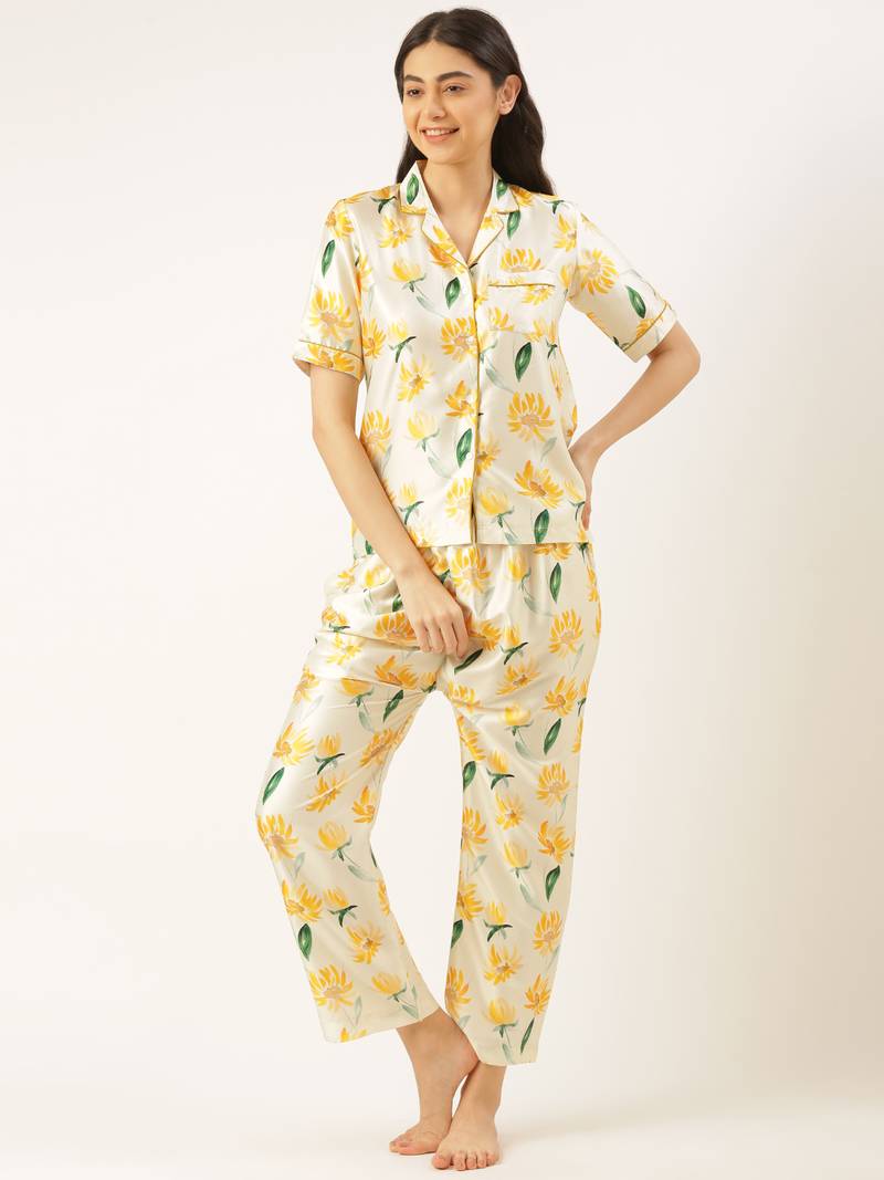 Cream printed satin kurtas-and-kurtis