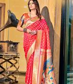 Peach woven pure paithani silk saree with blouse
