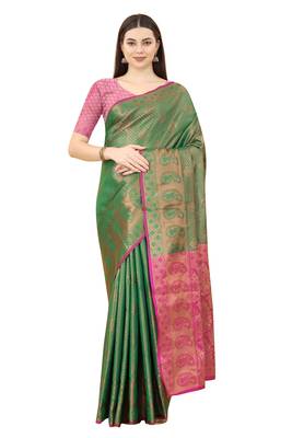 Green woven Banarasi silk blend saree with blouse 1