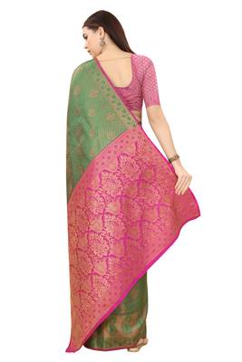 Green woven Banarasi silk blend saree with blouse 2