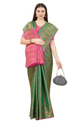 Green woven Banarasi silk blend saree with blouse 3