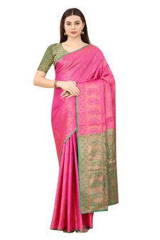 Pink woven Banarasi silk blend saree with blouse