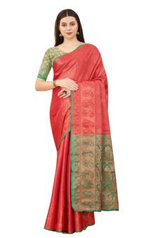 Red woven Banarasi silk blend saree with blouse