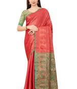 Red woven Banarasi silk blend saree with blouse