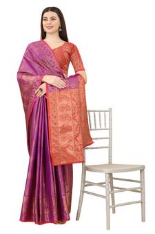 Wine woven Banarasi silk blend saree with blouse
