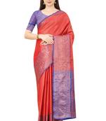 Red woven Banarasi silk blend saree with blouse