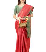 Red woven Banarasi silk blend saree with blouse