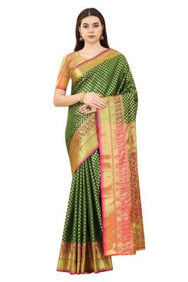 Dark green woven Banarasi silk blend saree with blouse 1