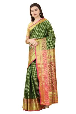 Dark green woven Banarasi silk blend saree with blouse 2