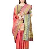 Pink woven Banarasi silk blend saree with blouse