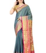 Blue woven Banarasi silk blend saree with blouse